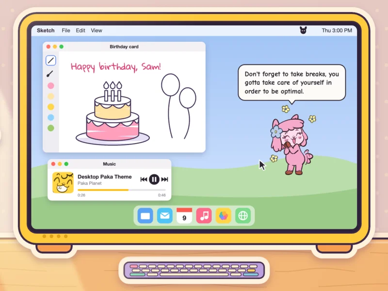 Caraka reminding you to take breaks, beside the birthday card