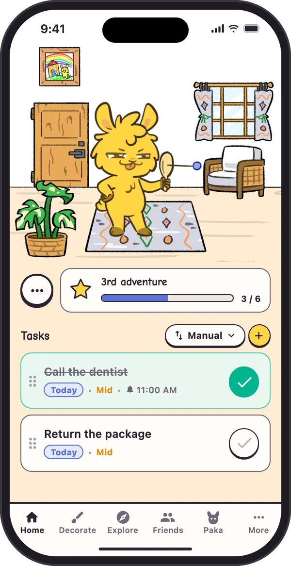 Paka's Home screen: Yunka playing with his paddle ball in his room, the adventure bar half full, and today's tasks with one checked off