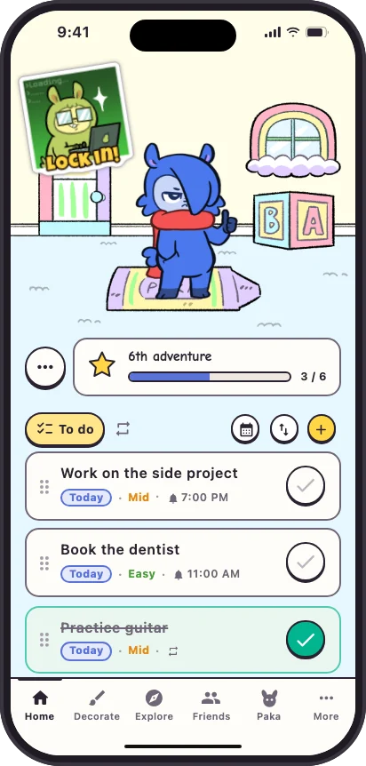 Paka's Home: Dekka gives a thumbs-up in his bare playroom, a friend's Lock in! sticker on the wall, and says: Are you, as the youths are calling it, locking in? Then I must follow suit! Below, today's tasks: Work on the side project, Book the dentist, and Practice guitar, done